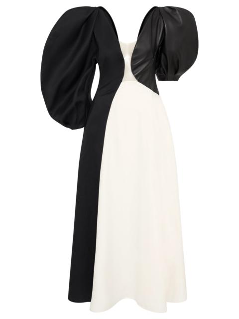 Sephir Puff Sleeve Maxi Dress in Ivory Silk Wool Cady, Black Linen Slub & Leather
