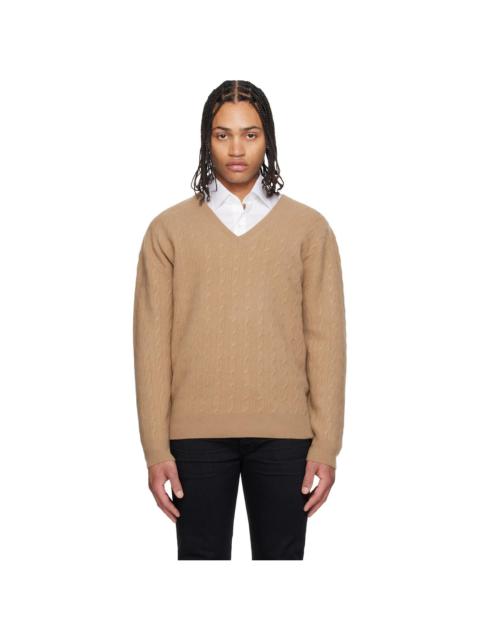Tan Cable Lambswool LS V-Neck Sweater