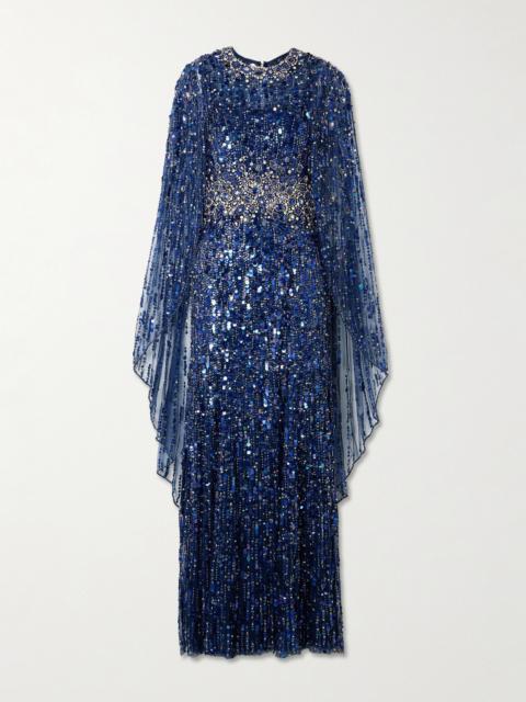 Honey Dew Cape-effect Embellished Tulle Gown