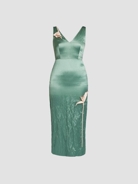 EMBROIDERED TEXTURED SATIN SLEEVELESS MIDI DRESS