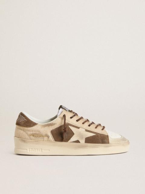 Women’s Stardan in military-green suede and beige pony skin with beige suede star