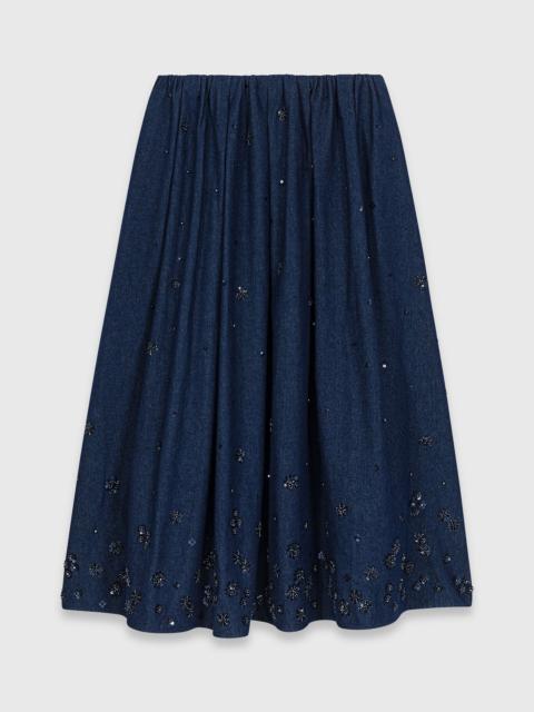 Embroidered denim midi skirt
