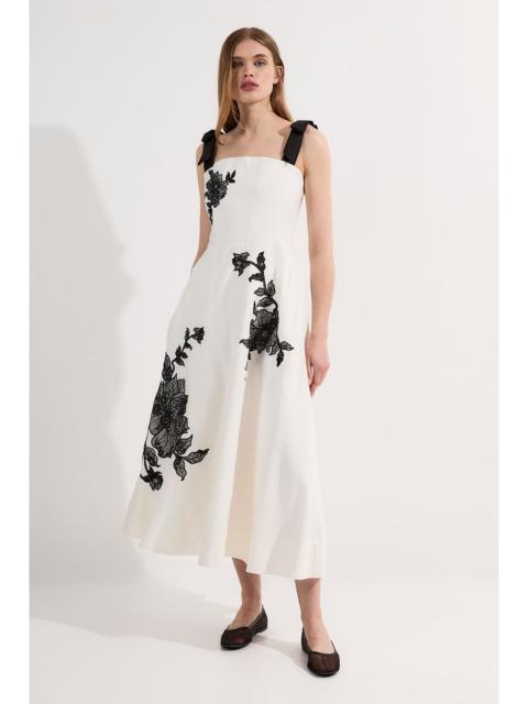 Viscose Linen Placed Floral Lace Embroidered Strappy Midi Dress
