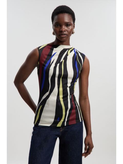 Abstract Zebra Print Asymmetric Neck Sleeveless Crepe Top