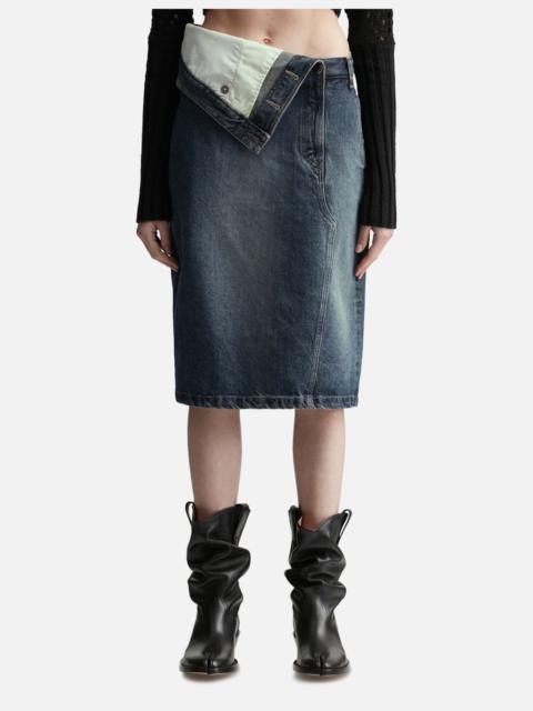 FOLDED-WAIST DENIM MIDI SKIRT