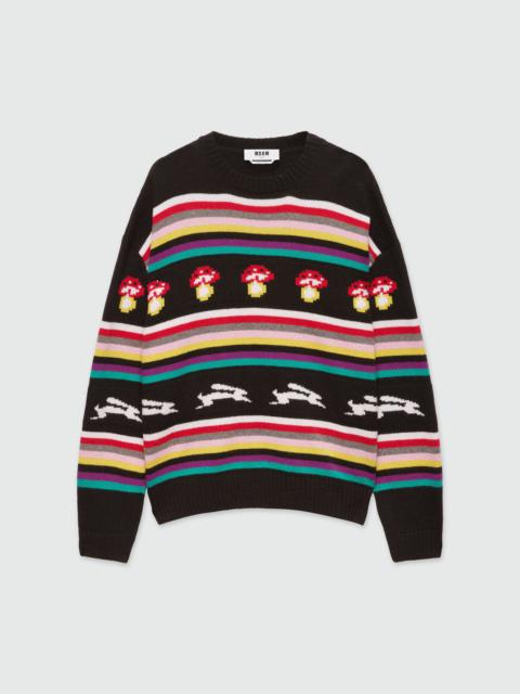 Multicolor jacquard sweater "Follow the rabbit®" and "I Love Mushrooms"