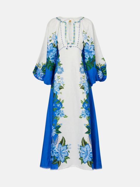 Printed puff-sleeve linen maxi dress
