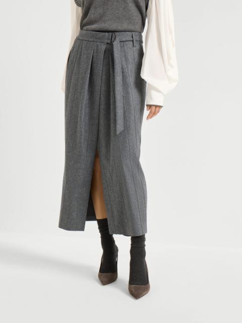 Virgin wool flannel sartorial wrap skirt with shiny Chalk Stripe embroidery
