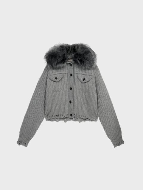 WOOL CARDIGAN WITH FAUX FUR COLLAR