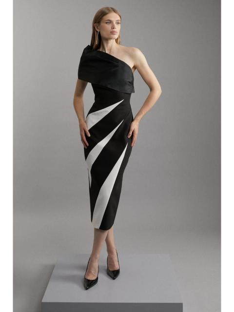 Clean Tailored Taffeta One Shoulder Panel Midi Dress