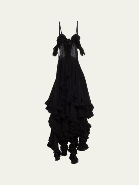 Lace-Inset Tiered Ruffle Chiffon Evening Dress