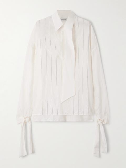 Scarf-detailed Embroidered Silk-twill Shirt