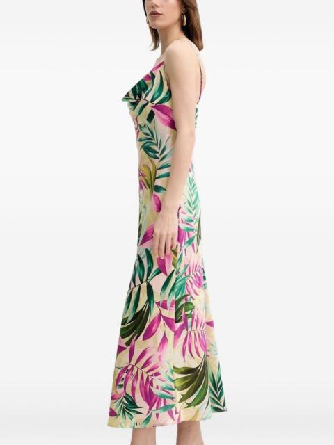 cowl-neck leaf-print dress
