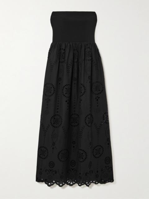 Strapless Broderie Anglaise Organic Cotton And Stretch-knit Midi Dress