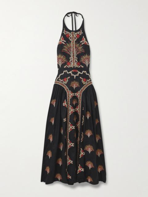 Balsa Pleated Embroidered Linen Halterneck Midi Dress