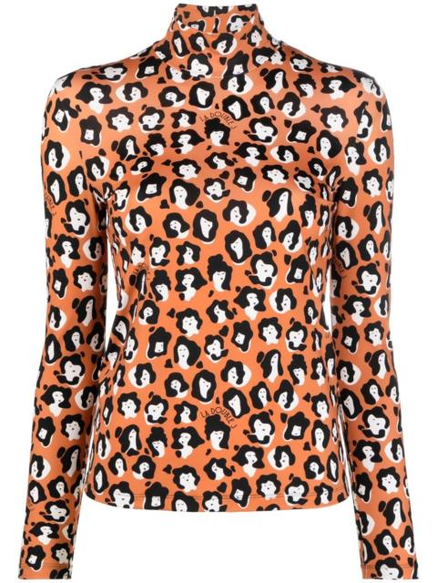 face-animal print turtleneck top