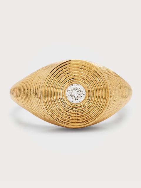 14K Gold Round Diamond Fluted Signet Ring
