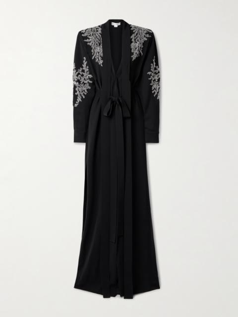 Belted Tie-neck Embellished Crepe Gown