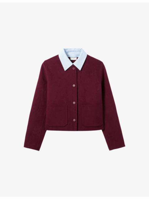 Contrast-Collar Cropped Wool Jacket