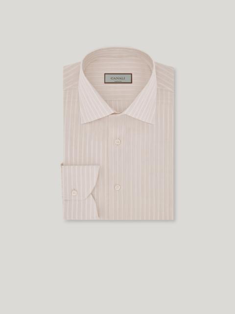 BEIGE AND WHITE STRIPED COTTON AND LINEN REGULAR-FIT SHIRT