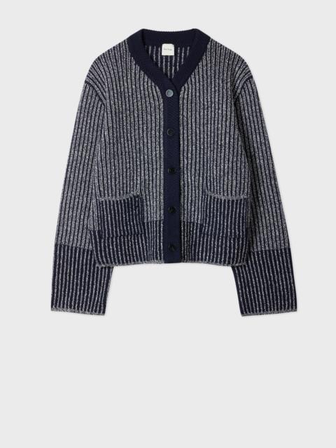 Women's Navy Wool-Blend Ribbed Knit Cardigan