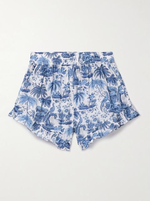 Boyana ruffled gathered cotton-voile shorts Blue