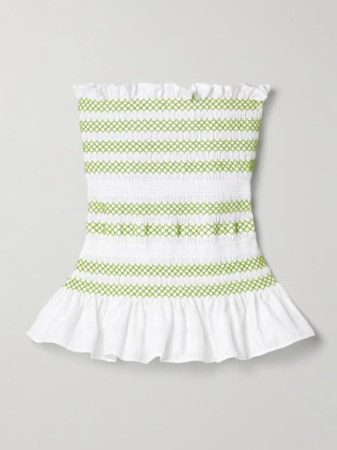 Lynne Strapless Ruffled Smocked Cotton-blend Voile Peplum Top
