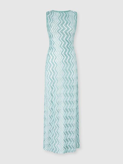 Long mesh cover-up dress with zigzag pattern, sequins, and cut-out detail