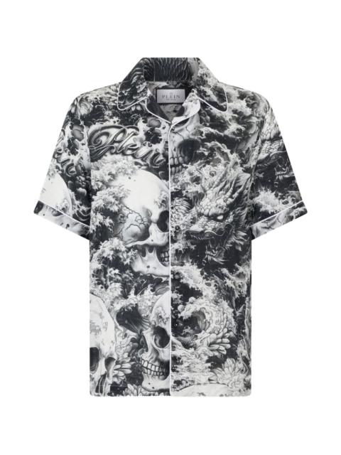 skull dragon print bowling shirt