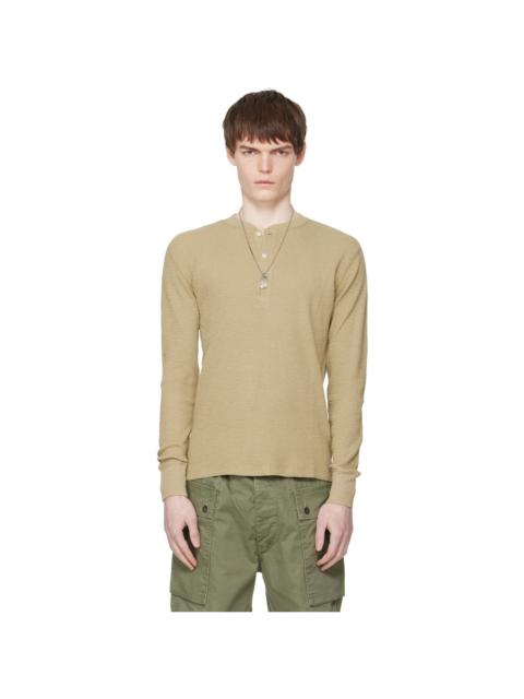 Beige Garment-Dyed Waffle-Knit Henley