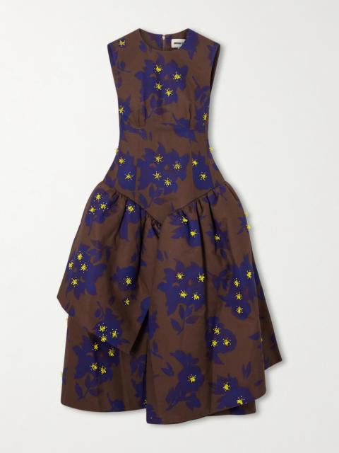 Asymmetric Embellished Gathered Printed Taffeta Dress
