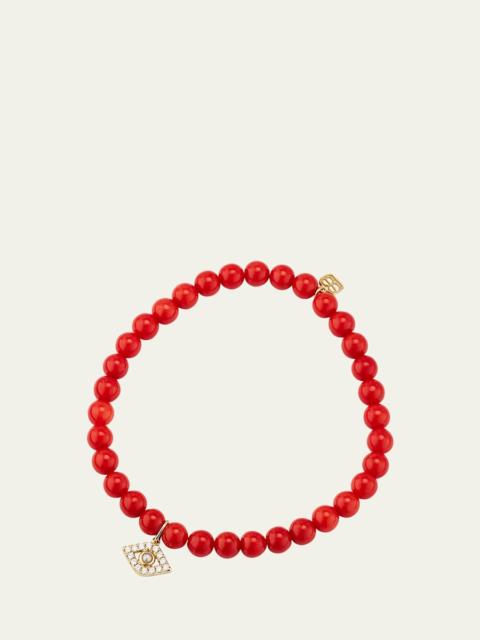 14K Large Evil Eye Charm on Peach Coral Bracelet