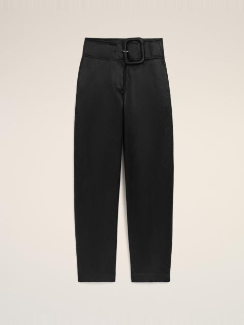 BLACK SATIN BUCKLED BELT TROUSERS