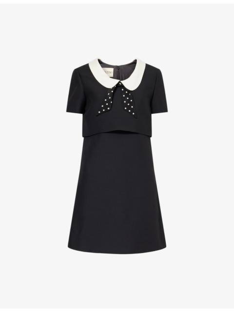 Contrast-Collar Short-Sleeve Wool-Silk Mini Dress