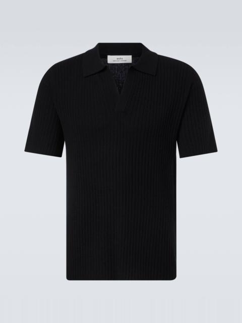 Ribbed-knit cashmere polo shirt