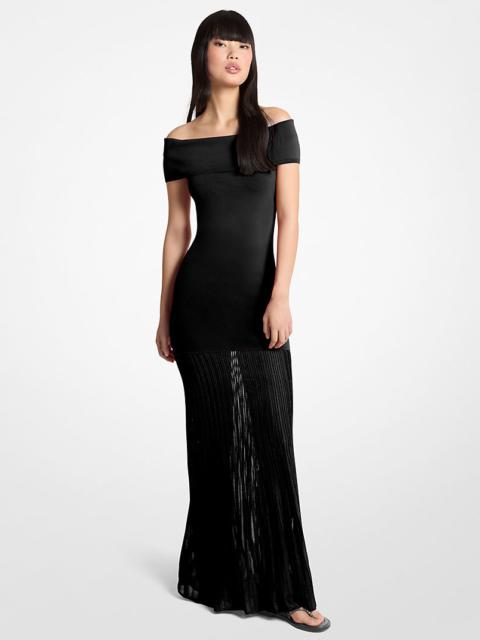Pleated Stretch Knit Off-The-Shoulder Maxi Dress