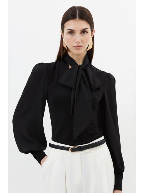 Jersey Ponte And Georgette Mix Tie Neck Long Sleeve Bodysuit