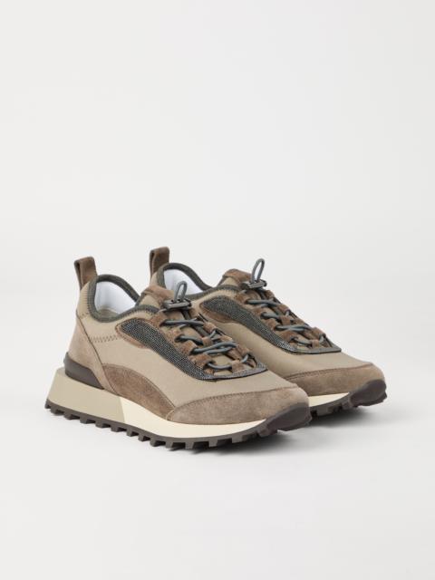 Techno fabric and suede runners with precious trim