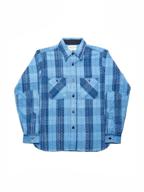 Rain-Drop Sashiko x "Kasuri" Flannel Work Shirt - Natural Indigo