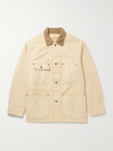 Vintage Corduroy-Trimmed Distressed Cotton-Blend Canvas Coverall Jacket Beige