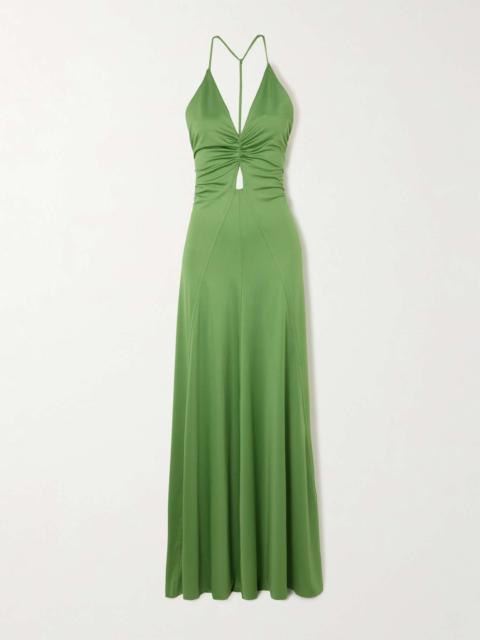 Cutout ruched stretch-satin gown Green