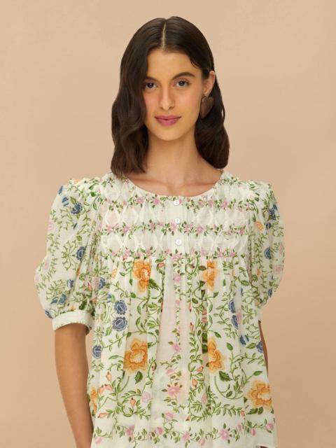 Folk Floral Off-White Scoop Neck Short Sleeve Blouse