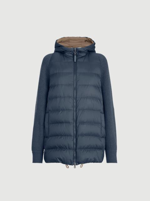 Water-resistant matte nylon hooded down jacket with virgin wool, cashmere and silk knit sleeves and 