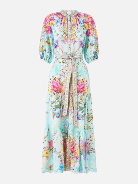 PUFF SLEEVE MIDI SHIRT DRESS WITH TIE