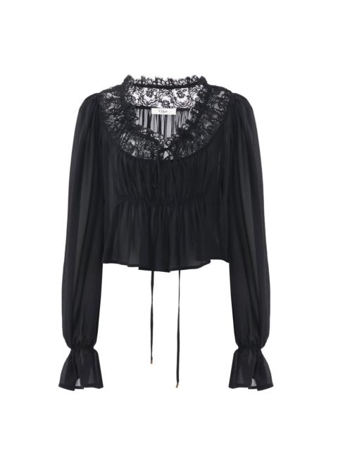 SCOOP-NECK CROPPED TOP IN SILK GEORGETTE & LACE