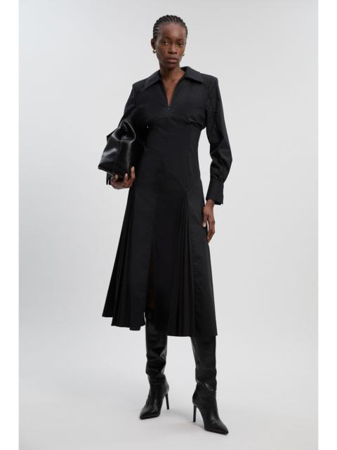 Pleated Detail Cotton Long Sleeve Woven Midi Dress