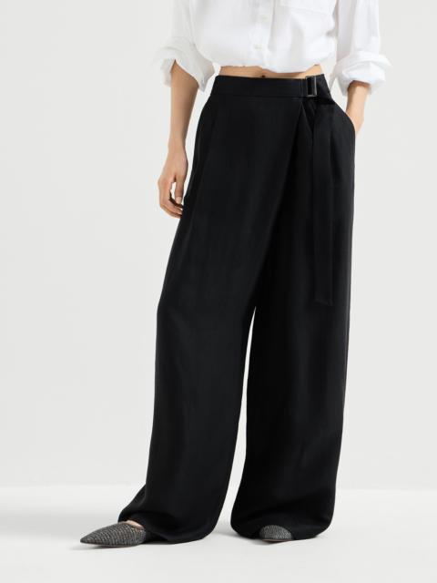 Viscose and linen fluid twill sartorial wrap trousers with monili