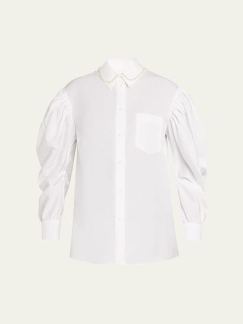 Pearly-Collar Draped-Sleeve Cotton Button-Down Shirt