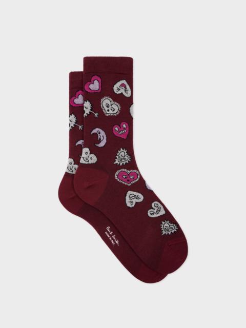 Women's Burgundy 'Hearts and Stars' Cotton-Blend Socks