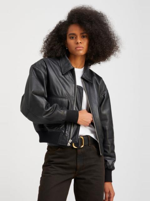 BLACK LEATHER CROPPED AVIATOR BOMBER